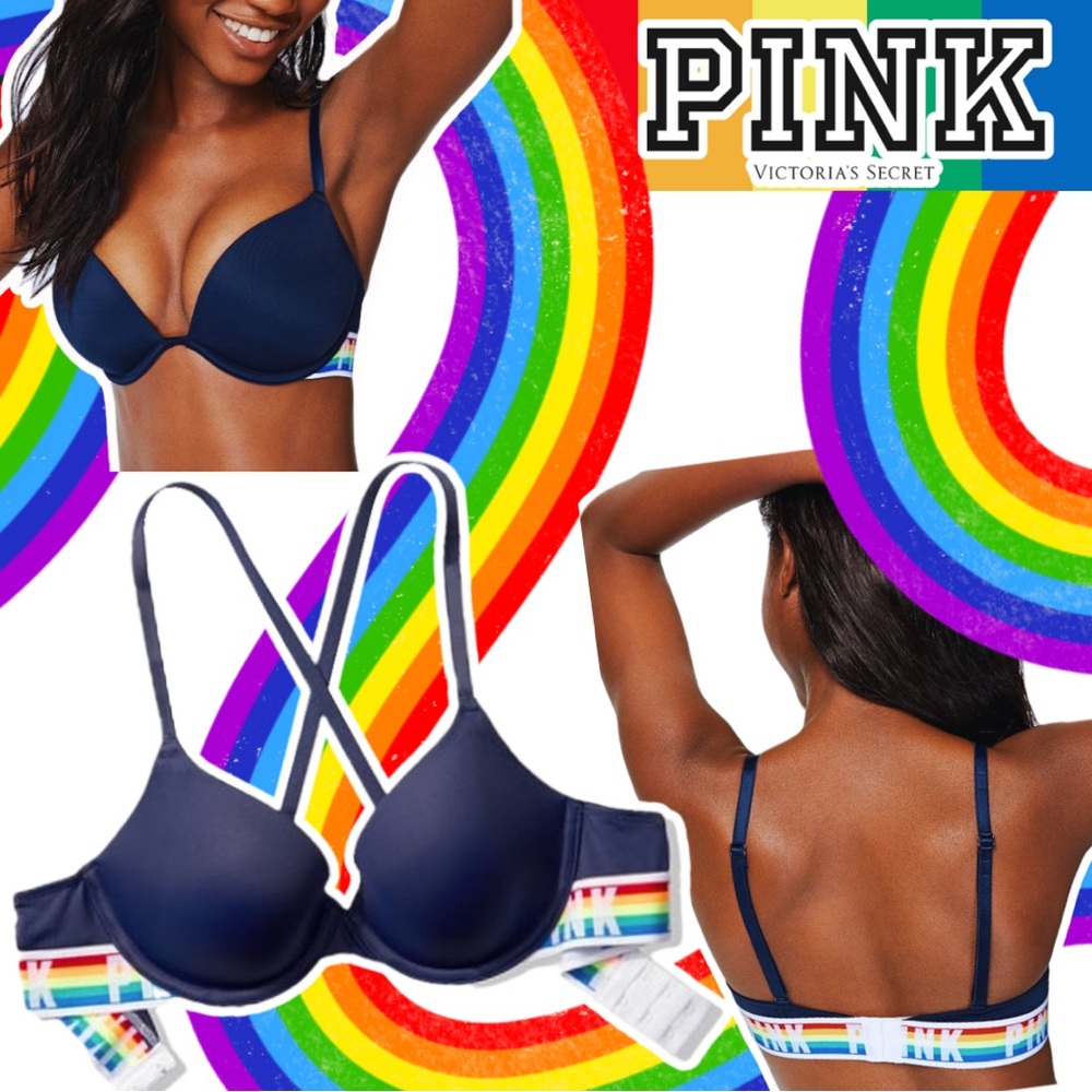 PINK Victoria’s Secret Wear Everywhere Super Push-Up Navy Blue Rainbow Bra